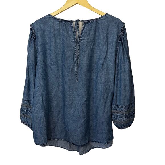 LC Lauren Conrad Blue Chambray Top 2X‎ Long Sleeves Boho Lace Pleated Peasant - Picture 3 of 8